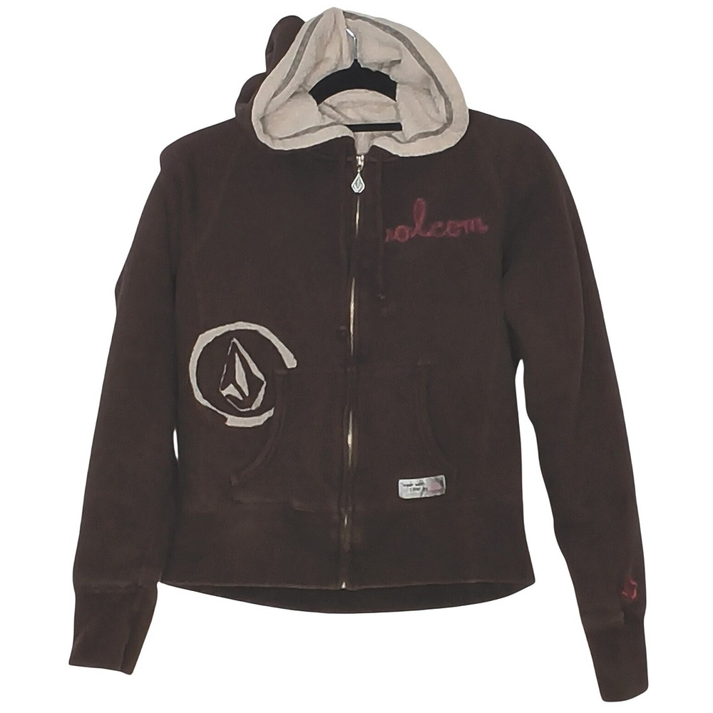 Y2K Volcom Zip Up Hoodie Women M Brown Sherpa Lined Graphic